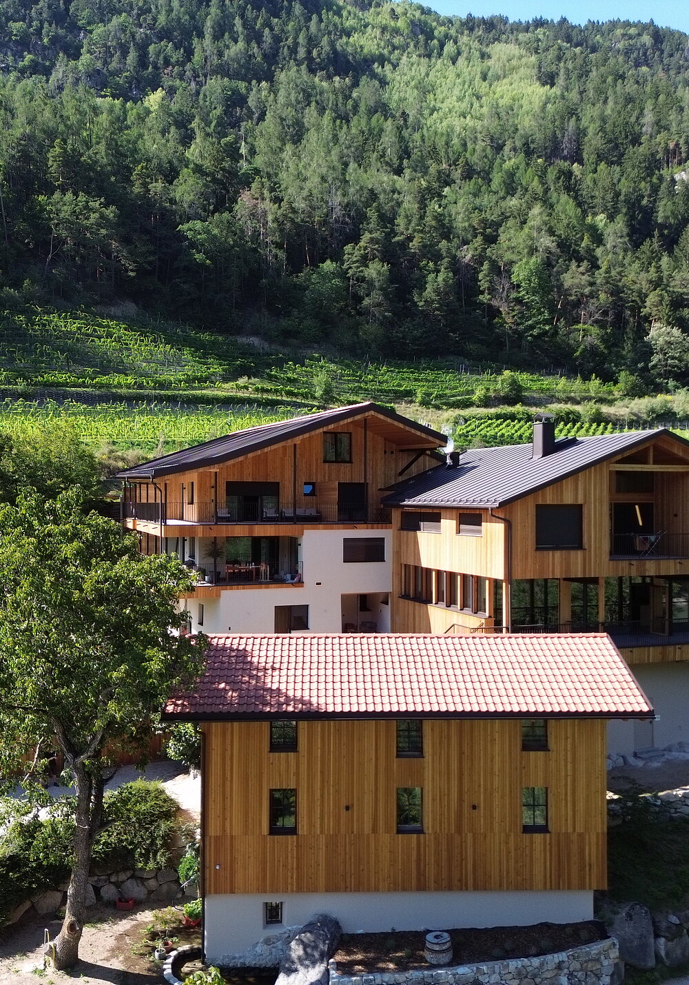 Bio-Weingut Santer in Mühlbach, Südtirol Bio-Weingut Santer in Mühlbach mit Hofgebäuden, umgeben von Weinbergen und der Natur Südtirols.